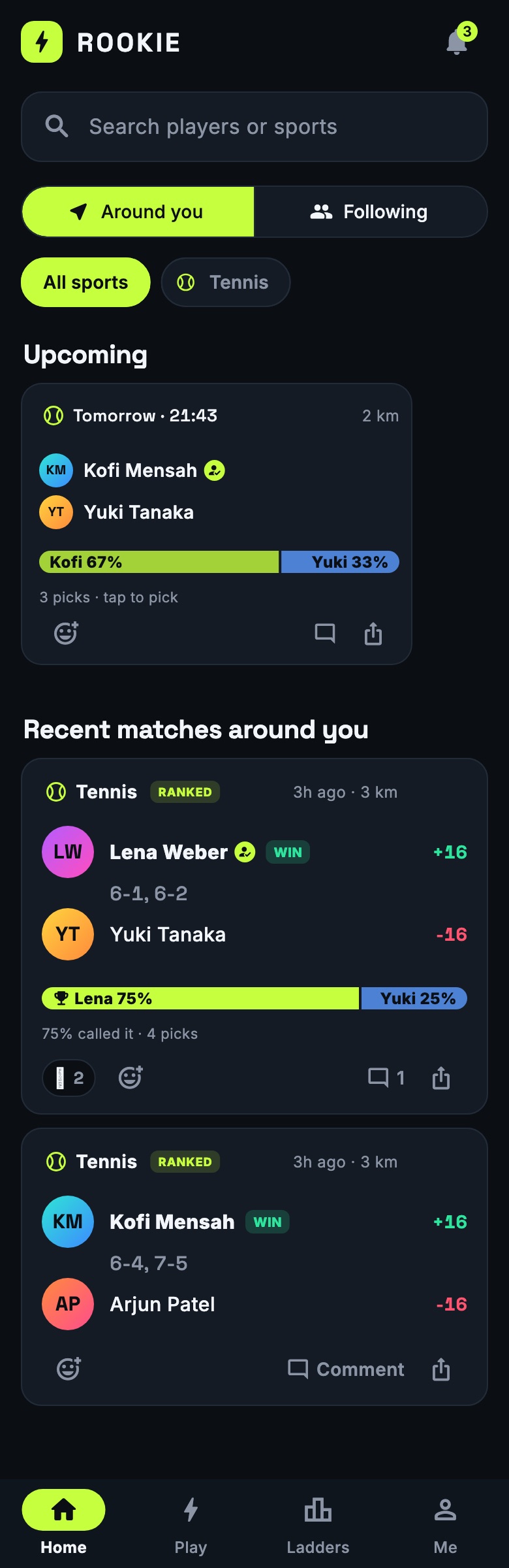 The home feed with recent matches and upcoming games nearby